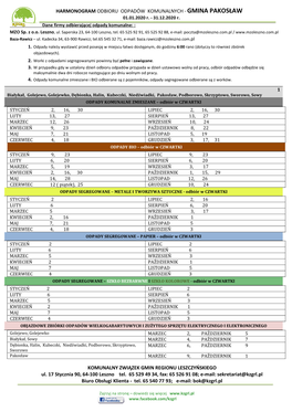 HARMONOGRAM ODBIORU ODPADÓW KOMUNALNYCH - GMINA PAKOSŁAW 01.01.2020 R
