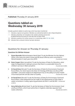 Questions Tabled on Wed 30 Jan 2019