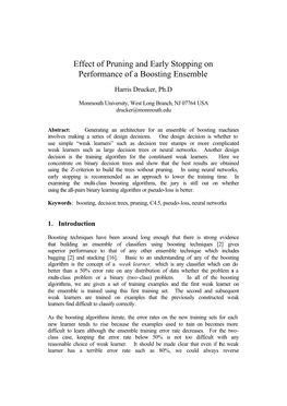 Effect of Pruning and Early Stopping on Performance of a Boosting Ensemble