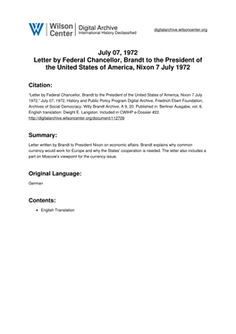 July 07, 1972 Letter by Federal Chancellor, Brandt to the President of the United States of America, Nixon 7 July 1972