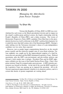 TAIWAN in 2000 Managing the Aftershocks from Power Transfer