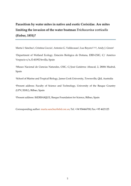 Parasitism by Water Mites in Native and Exotic Corixidae. Are Mites Limiting the Invasion of the Water Boatman Trichocorixa Verticalis (Fieber, 1851)?