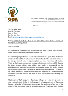 Letter Dated 28.4.2020 to Shri Amit Shah, Union Home Minister, on Resumption of Mining in Goa