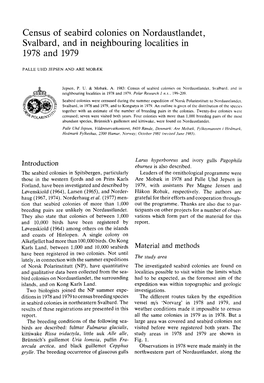 Census of Seabird Colonies on Nordaustlandet , Svalbard, and in Neighbouring Localities in 1978 and 1979