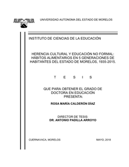 Hábitos Alimentarios En 5 Generaciones De Habitantes Del Estado De Morelos, 1935-2015