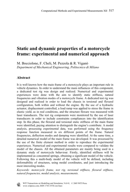 Static and Dynamic Properties of a Motorcycle Frame: Experimental and Numerical Approach