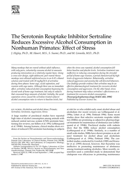 The Serotonin Reuptake Inhibitor Sertraline Reduces Excessive Alcohol Consumption in Nonhuman Primates: Effect of Stress J