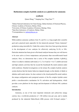 Ruthenium Complex Hydride Catalysts As a Platform for Ammonia Synthesis