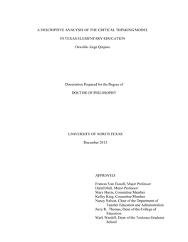 A Descriptive Analysis of the Critical Thinking Model in Texas Elementary Education