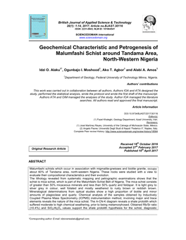 Geochemical Characteristic and Petrogenesis of Malumfashi Schist Around Tandama Area, North-Western Nigeria