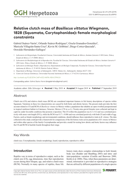 Relative Clutch Mass of Basiliscus Vittatus Wiegmann, 1828 (Squamata, Corytophanidae): Female Morphological Constraints