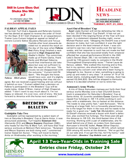 April 13 Two-Year-Olds in Training Sale Entries Close Friday, October 24