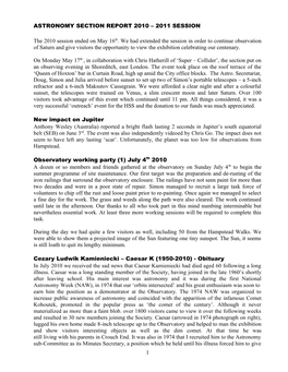 Astronomy Section Report 2010 – 2011 Session