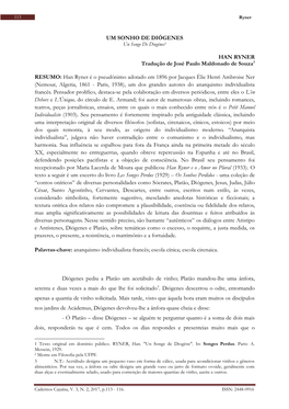 UM SONHO DE DIÓGENES HAN RYNER Tradução De José Paulo Maldonado De Souza2 RESUMO