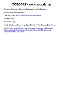 Collembola: Entomobryidae: Heteromurinae) with Special Reference to Alloscopus and Sinodicranocentrus Gen.N