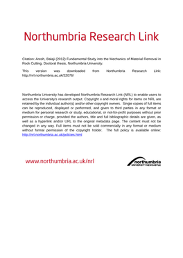 Aresh, Balaji (2012) Fundamental Study Into the Mechanics of Material Removal in Rock Cutting