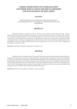 Various Dimensions of Globalization and Their Implications for the Leadership and Management of Education