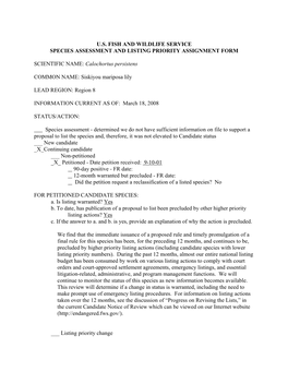 USFWS Species Assessment and Listing