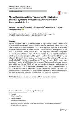 Altered Expression of Zinc Transporter ZIP12 in Broilers of Ascites Syndrome Induced by Intravenous Cellulose Microparticle Injection