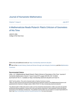 A Mathematician Reads Plutarch: Plato's Criticism of Geometers of His Time