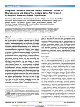 Integrative Genomics Identifies Distinct Molecular Classes of Neuroblastoma and Shows That Multiple Genes Are Targeted by Regional Alterations in DNA Copy Number