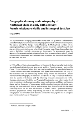 Geographical Survey and Cartography of Northeast China in Early 18Th Century: French Missionary Mailla and His Map of East Sea