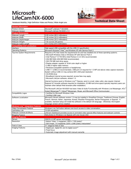 Version Information Product Version Microsoft® Lifecam™ NX-6000