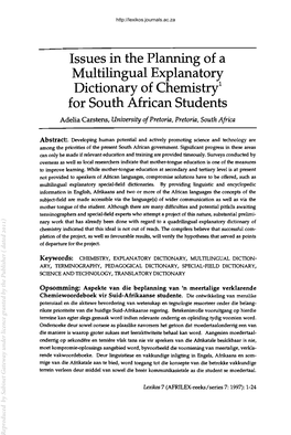 Issues in the Planning of a Multilingual Explanatory Dictionary of Chemistry!