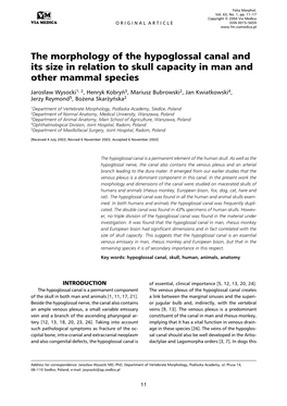 The Morphology of the Hypoglossal Canal and Its Size in Relation to Skull Capacity in Man and Other Mammal Species