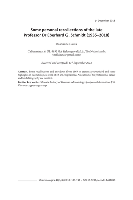 Some Personal Recollections of the Late Professor Dr Eberhard G