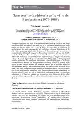 Clase, Territorio E Historia En Las Villas De Buenos Aires (1976-‐1983)