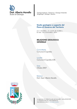 Studio Geologico a Supporto Del Piano Di Governo Del Territorio RELAZIONE GEOLOGICA GENERALE