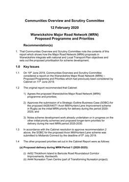 Warwickshire Major Road Network (MRN) Proposed Programme and Priorities