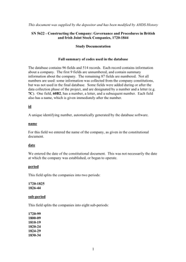 Consolidated Codes and Data Entry Notes