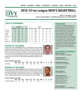 2012-13 Ivy League Men's Basketball INDIVIDUAL BASKETBALL STATISTICS Through Games of Dec 15, 2012 (All Games)