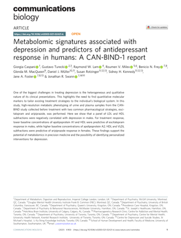 Metabolomic Signatures Associated with Depression and Predictors of Antidepressant Response in Humans: a CAN-BIND-1 Report