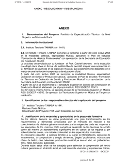 1. Denominación Del Proyecto: Postítulo De Especialización Técnica De Nivel Superior En Música De Rock 2. Información In