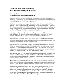 Senators Vote to Kill Trade Law; Byrd Amendment Illegal, WTO Says