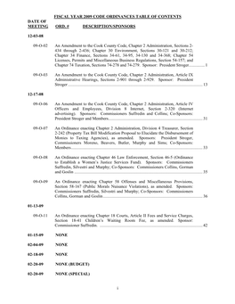 Fiscal Year 2009 Code Ordinances Table of Contents Date of Meeting Ord