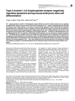 Type 3 Inositol 1,4,5-Trisphosphate Receptor Negatively Regulates Apoptosis During Mouse Embryonic Stem Cell Differentiation