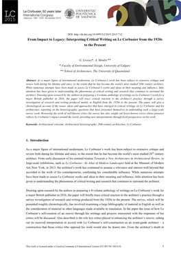 Interpreting Critical Writing on Le Corbusier from the 1920S to the Present