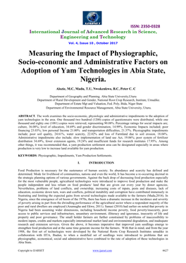 Measuring the Impact of Physiographic, Socio-Economic and Administrative Factors on Adoption of Yam Technologies in Abia State, Nigeria