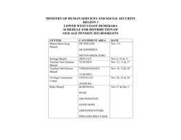 Ministry of Human Services and Social Security Region 3 Lower West Coast Demerara Schedule for Distribution of Old Age Pension 2021 Booklets