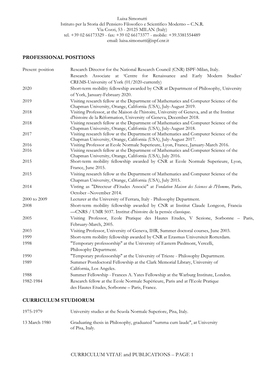 CURRICULUM VITAE and PUBLICATIONS – PAGE 1 Luisa Simonutti Istituto Per La Storia Del Pensiero Filosofico E Scientifico Moderno – C.N.R