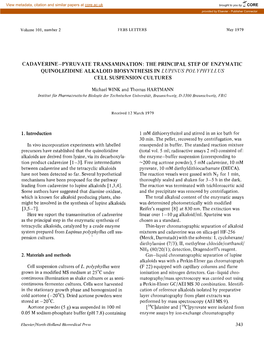 Cadaverine-Pyruvate Transamination: the Principal Step of Enzymatic Quinolizidine Alkaloid Biosynthesis in L Upia’Us Pol Yphyll Us Cell Suspension Cultures