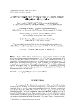 In Vitro Propagation of Cryptic Species of Aneura Pinguis (Hepaticae, Metzgeriales)