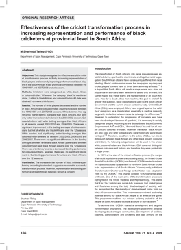 Effectiveness of the Cricket Transformation Process in Increasing Representation and Performance of Black Cricketers at Provincial Level in South Africa