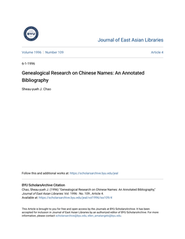 Genealogical Research on Chinese Names: an Annotated Bibliography