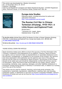 The Russian Civil War in Chinese Turkestan (Xinjiang), 1918-1921: A