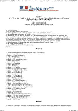 Décret N° 2014-266 Du 27 Février 2014 Portant Délimitation Des Cantons Dans Le Département De La Seine-Maritime